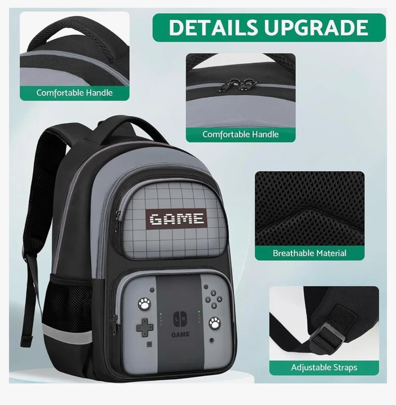 Kids Gamer Backpack for Boys, 17" School Bookbag for Children & Teens, Lightweight Student Backpack for Elementary & Middle School- (Gray)