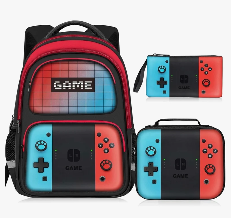 Kids Gamer Backpack for Boys, 17" School Bookbag for Children & Teens, Lightweight Student Backpack for Elementary & Middle School - (Sets Red & Blue)