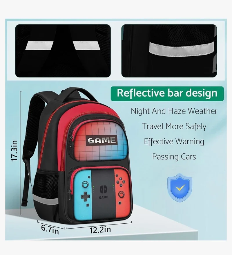 Kids Gamer Backpack for Boys, 17" School Bookbag for Children & Teens, Lightweight Student Backpack for Elementary & Middle School - (Sets Red & Blue)