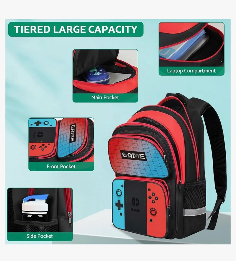 Kids Gamer Backpack for Boys, 17" School Bookbag for Children & Teens, Lightweight Student Backpack for Elementary & Middle School - (Sets Red & Blue)