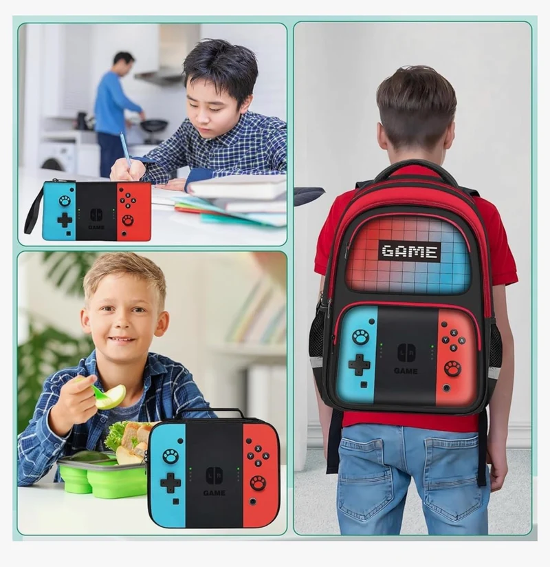 Kids Gamer Backpack for Boys, 17" School Bookbag for Children & Teens, Lightweight Student Backpack for Elementary & Middle School - (Sets Red & Blue)
