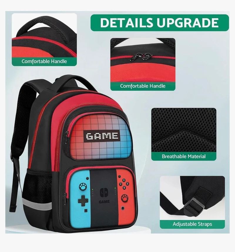 Kids Gamer Backpack for Boys, 17" School Bookbag for Children & Teens, Lightweight Student Backpack for Elementary & Middle School - (Sets Red & Blue)