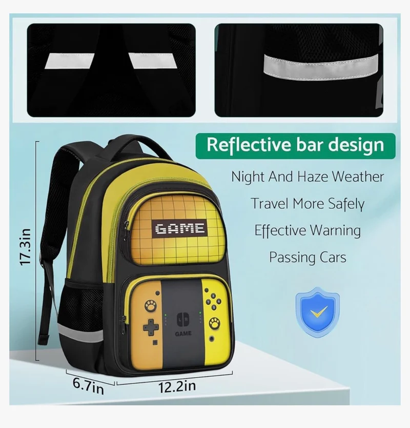 Kids Gamer Backpack for Boys, 17" School Bookbag for Children & Teens, Lightweight Student Backpack for Elementary & Middle School - (Sets Yellow)