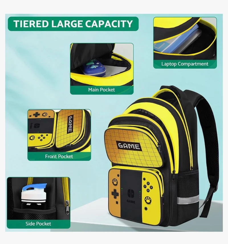 Kids Gamer Backpack for Boys, 17" School Bookbag for Children & Teens, Lightweight Student Backpack for Elementary & Middle School - (Sets Yellow)