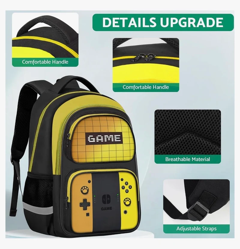 Kids Gamer Backpack for Boys, 17" School Bookbag for Children & Teens, Lightweight Student Backpack for Elementary & Middle School - (Sets Yellow)