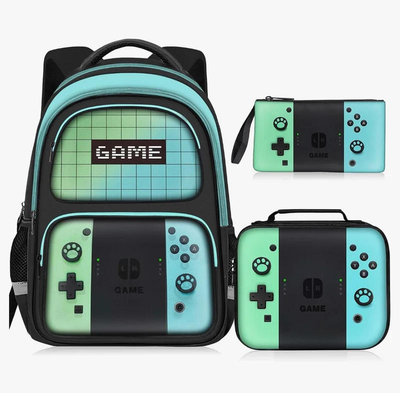 Kids Gamer Backpack for Boys, 17" School Bookbag for Children & Teens, Lightweight Student Backpack for Elementary & Middle School - (Sets Green & Blue)