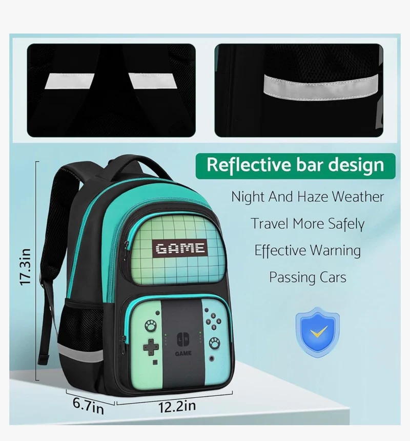 Kids Gamer Backpack for Boys, 17" School Bookbag for Children & Teens, Lightweight Student Backpack for Elementary & Middle School - (Sets Green & Blue)