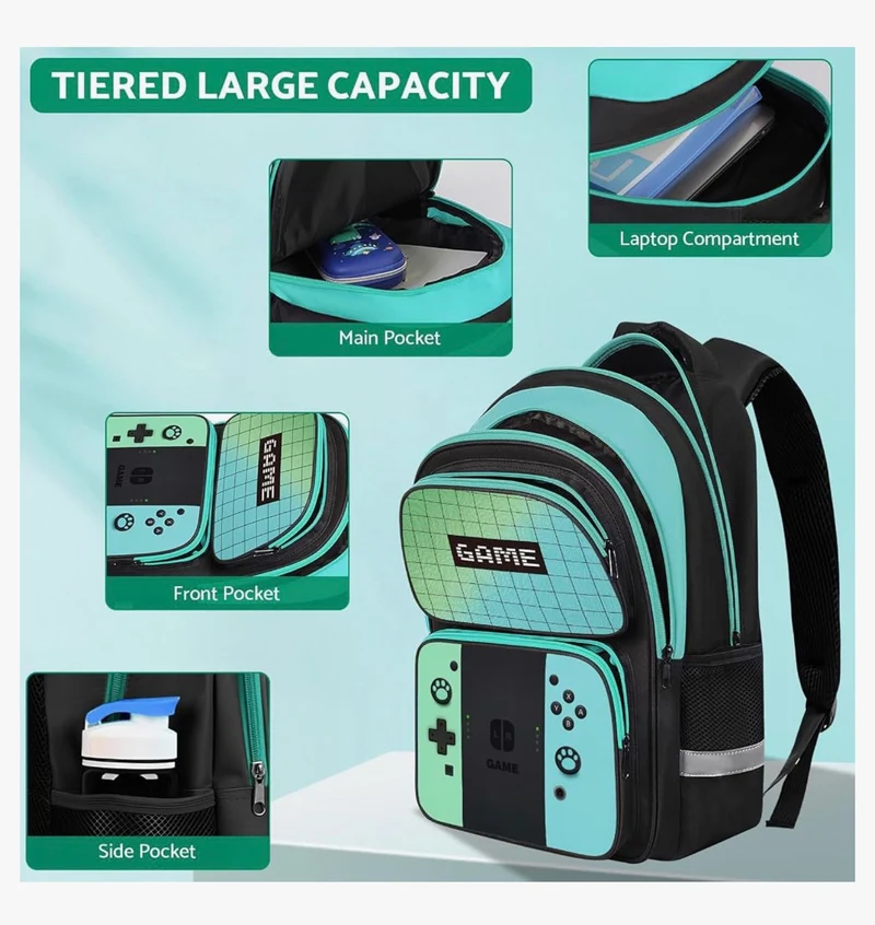 Kids Gamer Backpack for Boys, 17" School Bookbag for Children & Teens, Lightweight Student Backpack for Elementary & Middle School - (Sets Green & Blue)
