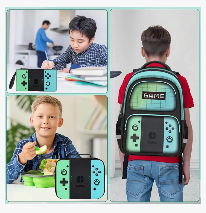 Kids Gamer Backpack for Boys, 17" School Bookbag for Children & Teens, Lightweight Student Backpack for Elementary & Middle School - (Sets Green & Blue)