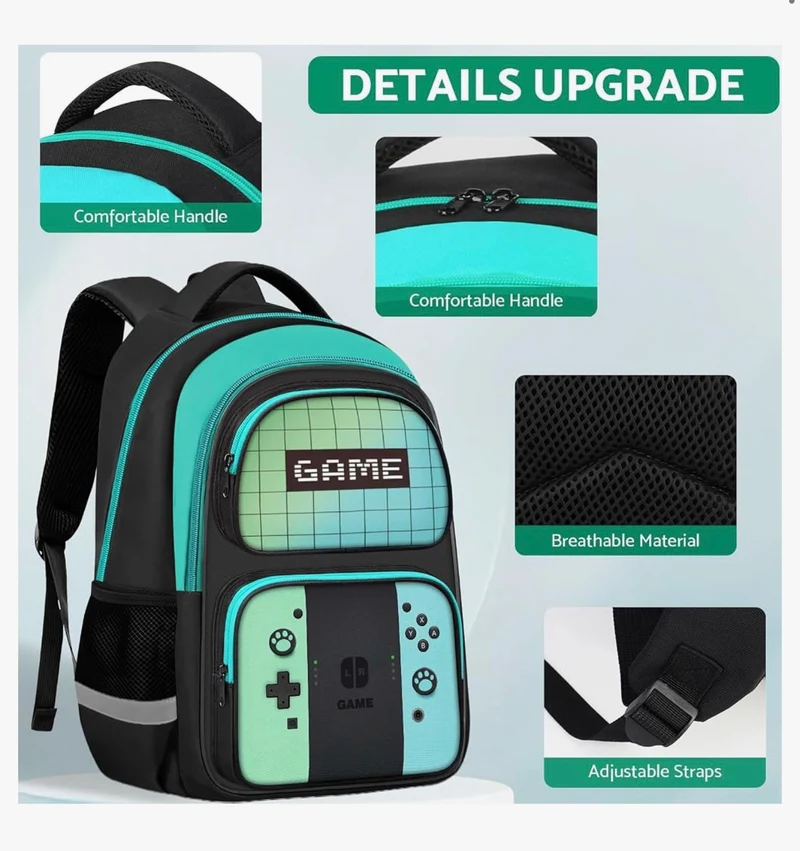 Kids Gamer Backpack for Boys, 17" School Bookbag for Children & Teens, Lightweight Student Backpack for Elementary & Middle School - (Sets Green & Blue)