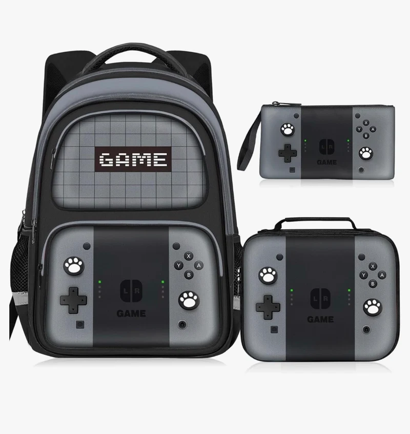 Kids Gamer Backpack for Boys, 17" School Bookbag for Children & Teens, Lightweight Student Backpack for Elementary & Middle School (Sets Gray)