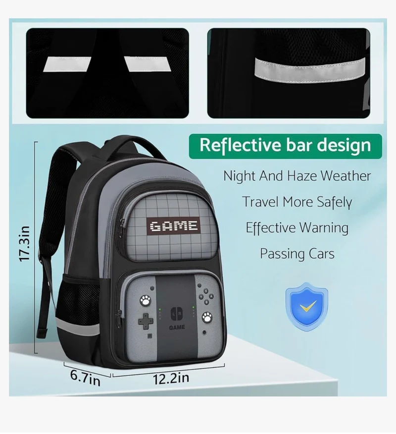 Kids Gamer Backpack for Boys, 17" School Bookbag for Children & Teens, Lightweight Student Backpack for Elementary & Middle School (Sets Gray)