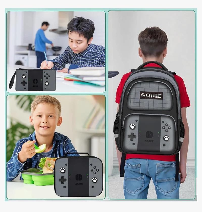 Kids Gamer Backpack for Boys, 17" School Bookbag for Children & Teens, Lightweight Student Backpack for Elementary & Middle School (Sets Gray)