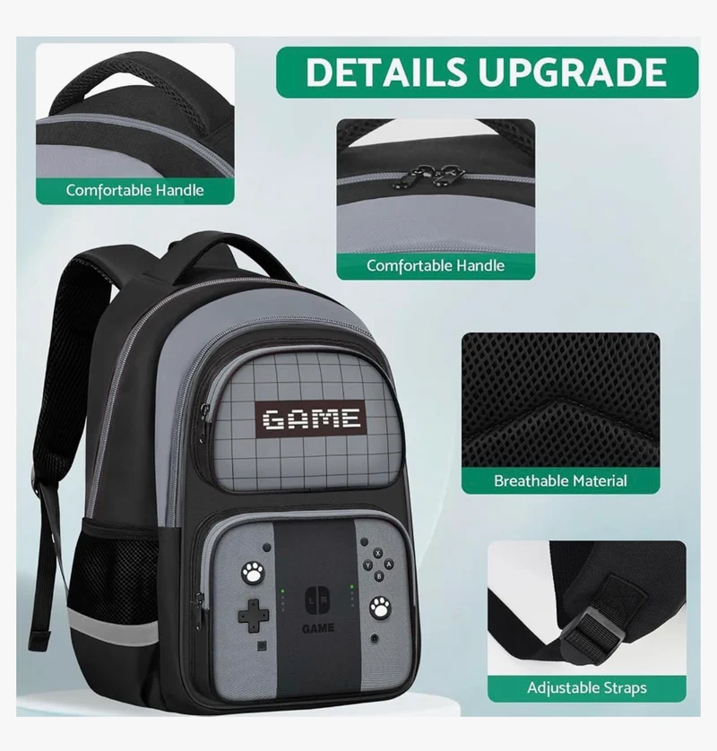 Kids Gamer Backpack for Boys, 17" School Bookbag for Children & Teens, Lightweight Student Backpack for Elementary & Middle School (Sets Gray)