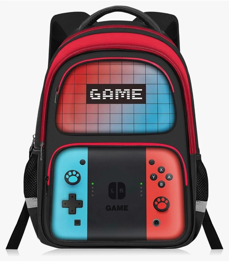 Kids Gamer Backpack for Boys, 17" School Bookbag for Children & Teens, Lightweight Student Backpack for Elementary & Middle School - (Red & Blue)
