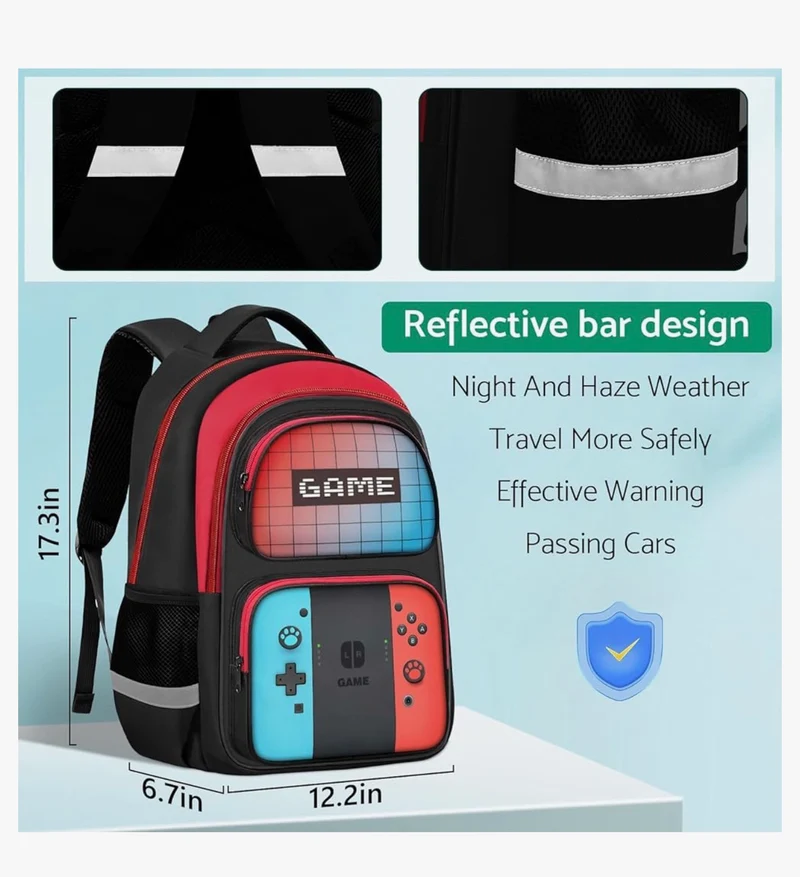 Kids Gamer Backpack for Boys, 17" School Bookbag for Children & Teens, Lightweight Student Backpack for Elementary & Middle School - (Red & Blue)