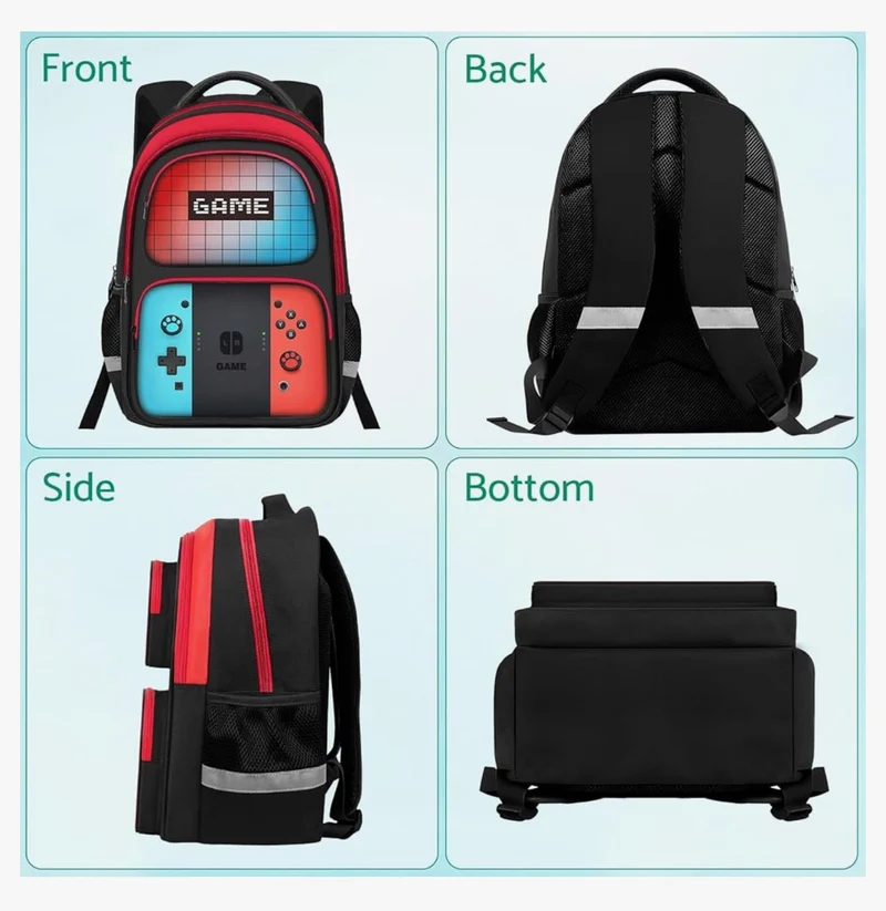 Kids Gamer Backpack for Boys, 17" School Bookbag for Children & Teens, Lightweight Student Backpack for Elementary & Middle School - (Red & Blue)