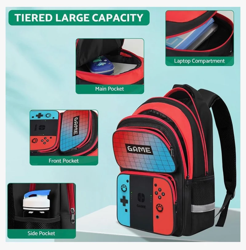 Kids Gamer Backpack for Boys, 17" School Bookbag for Children & Teens, Lightweight Student Backpack for Elementary & Middle School - (Red & Blue)