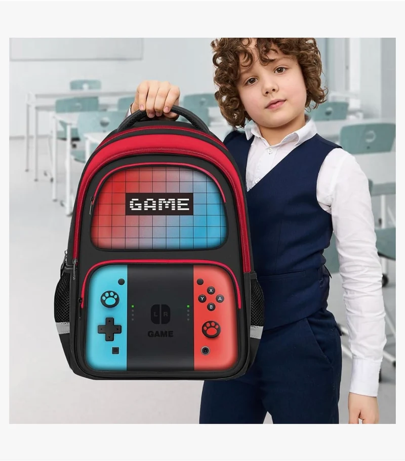 Kids Gamer Backpack for Boys, 17" School Bookbag for Children & Teens, Lightweight Student Backpack for Elementary & Middle School - (Red & Blue)