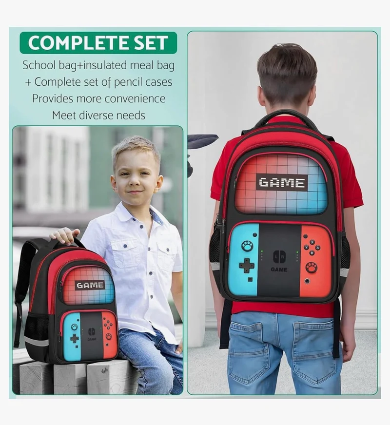 Kids Gamer Backpack for Boys, 17" School Bookbag for Children & Teens, Lightweight Student Backpack for Elementary & Middle School - (Red & Blue)