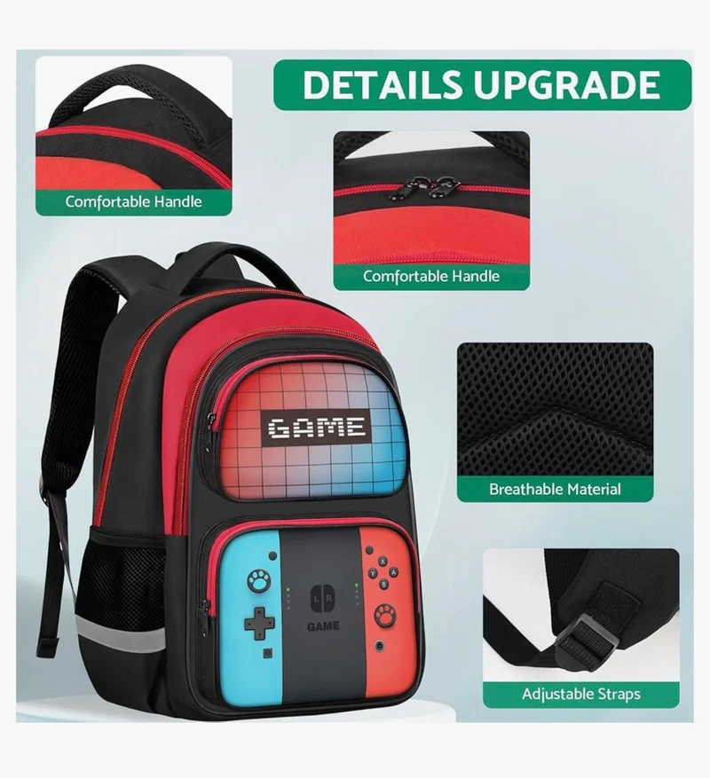 Kids Gamer Backpack for Boys, 17" School Bookbag for Children & Teens, Lightweight Student Backpack for Elementary & Middle School - (Red & Blue)