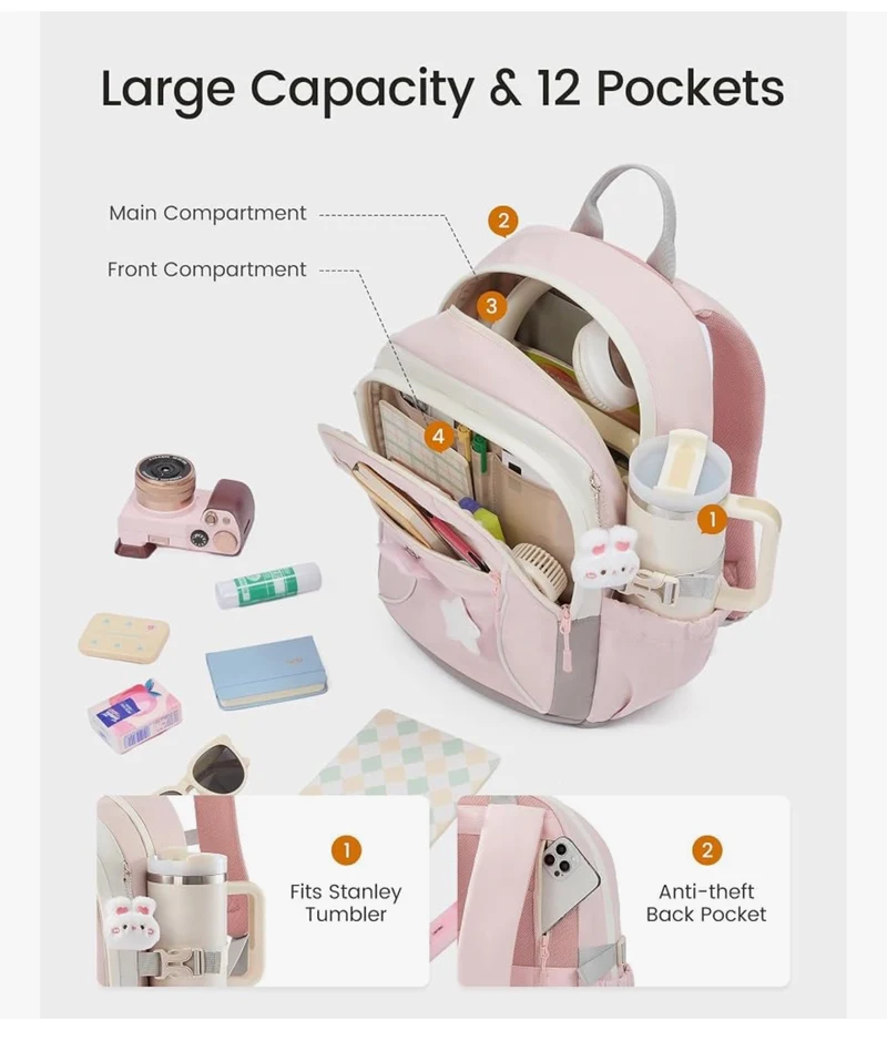 School Backpack for Teen Girls & Kids, Lightweight Large Capacity Waterproof w/ 15.6" Laptop Compartment, Cute Ergonomic Bag for Elementary Middle School