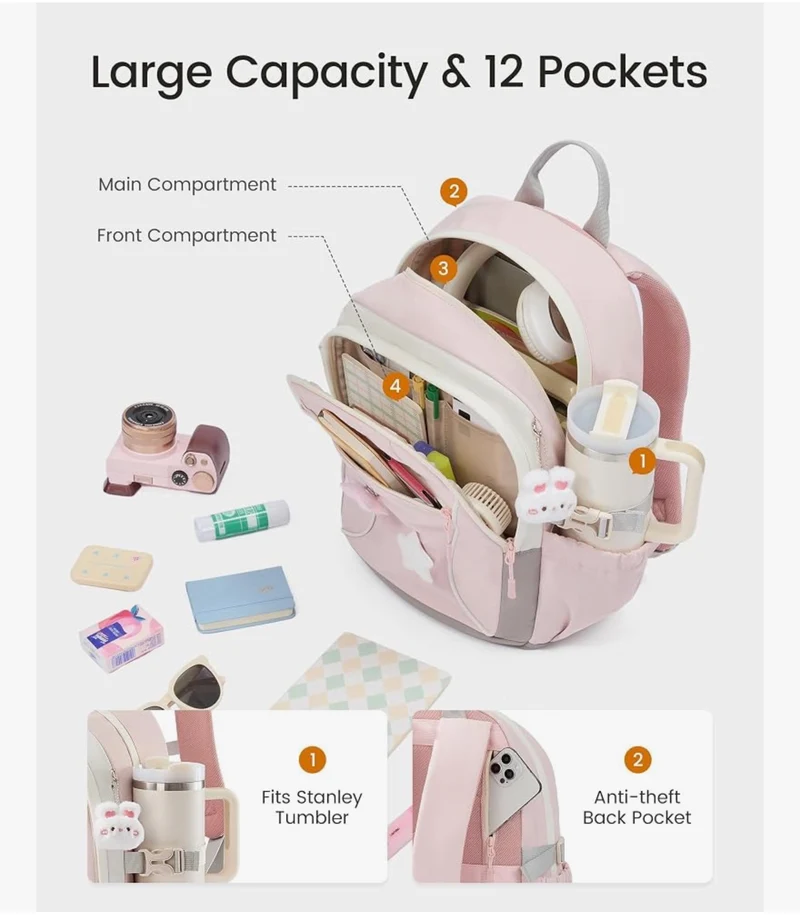 School Backpack for Teen Girls & Kids, Lightweight Large Capacity Waterproof w/ 15.6" Laptop Compartment, Cute Ergonomic Bag for Elementary Middle School