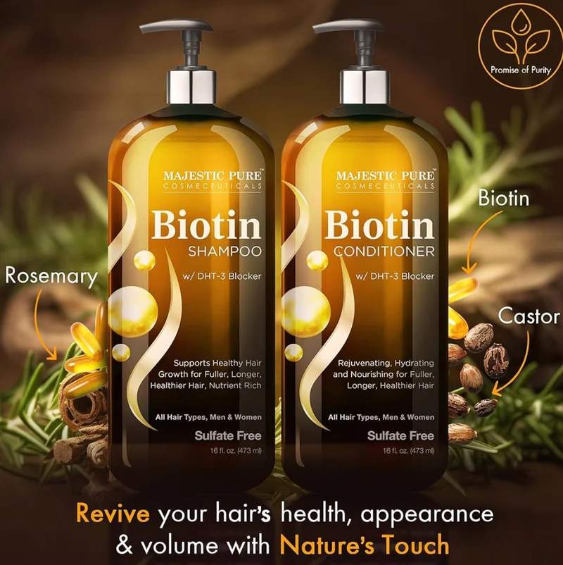 PURE Biotin Shampoo and Conditioner Set w/ DHT Blocker Complex - Hydrating, Nourishing & Supporting Healthy Hair, Sulfate Free, for Men & Women - (16 fl oz)