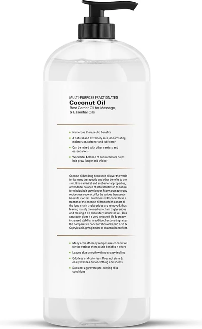 Pure Fractionated Coconut Oil – Lightweight Liquid Carrier Oil for Essential Oils, Massage, Skin, Hair & DIY Personal Care Applications -(16 Fl Oz)