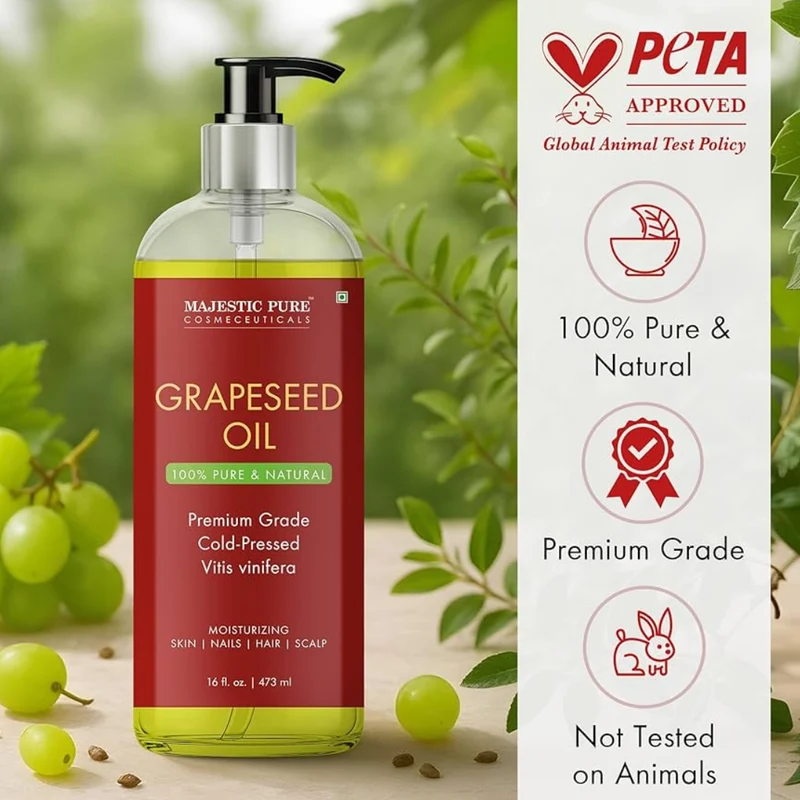 Pure Grapeseed Oil - 100% Pure & Natural - Premium Grade, Cold-Pressed, Hexane-Free Carrier Oil for Skin, Hair and Body - Moisturizing Skin - 16 Fl Oz