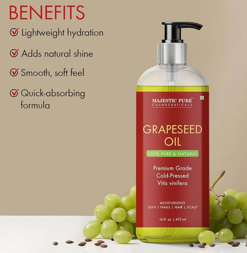 Pure Grapeseed Oil - 100% Pure & Natural - Premium Grade, Cold-Pressed, Hexane-Free Carrier Oil for Skin, Hair and Body - Moisturizing Skin - 16 Fl Oz