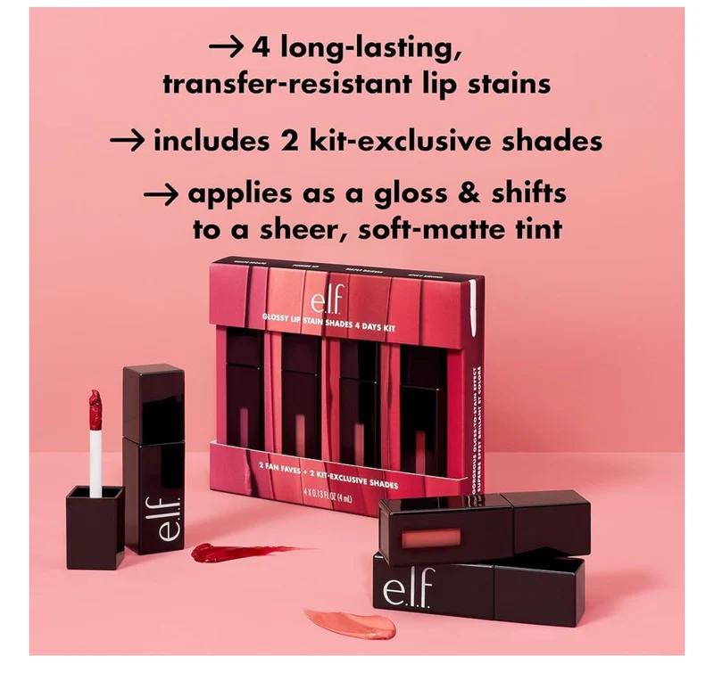 e.l.f. Glossy Lip Stain Shades 4 Days Kit, Long-Lasting Lip Stains For A Sheer Pop Of Color & Subtle Gloss Finish - Vegan & Cruelty-Free (4 Shades)