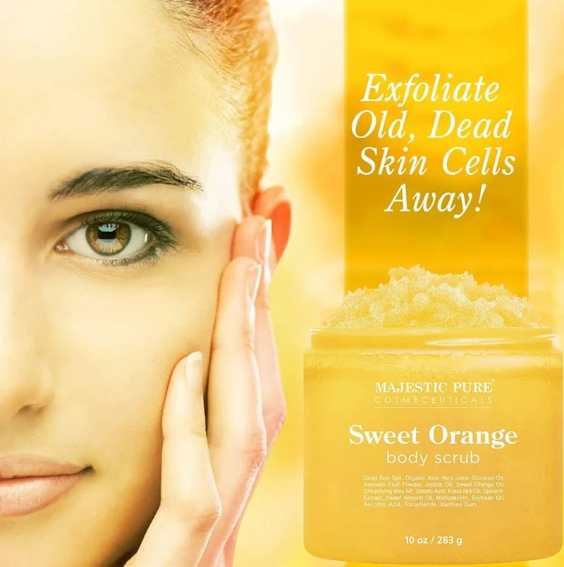 Pure Sweet Orange Body Scrub for All Natural Skin Care - Exfoliating Multi Purpose Body and Facial Scrub Moisturizes and Nourishes Face and Skin - (10 oz)