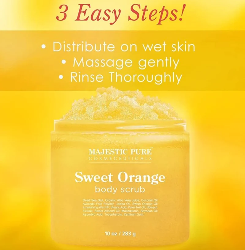 Pure Sweet Orange Body Scrub for All Natural Skin Care - Exfoliating Multi Purpose Body and Facial Scrub Moisturizes and Nourishes Face and Skin - (10 oz)
