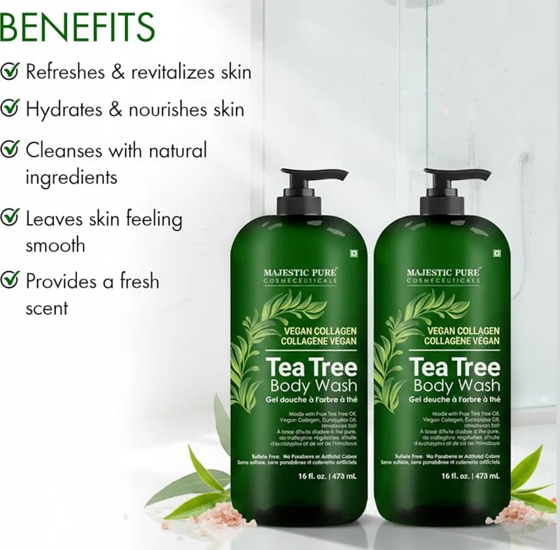 Pure Tea Tree Body Wash - Formulated to Combat Dry, Flaky Skin - Soothes, Nourishes and Moisturizes Irritated, Chapped, Problem Skin Areas - (Packaging may Vary) -16 fl. oz (Pack of 2)
