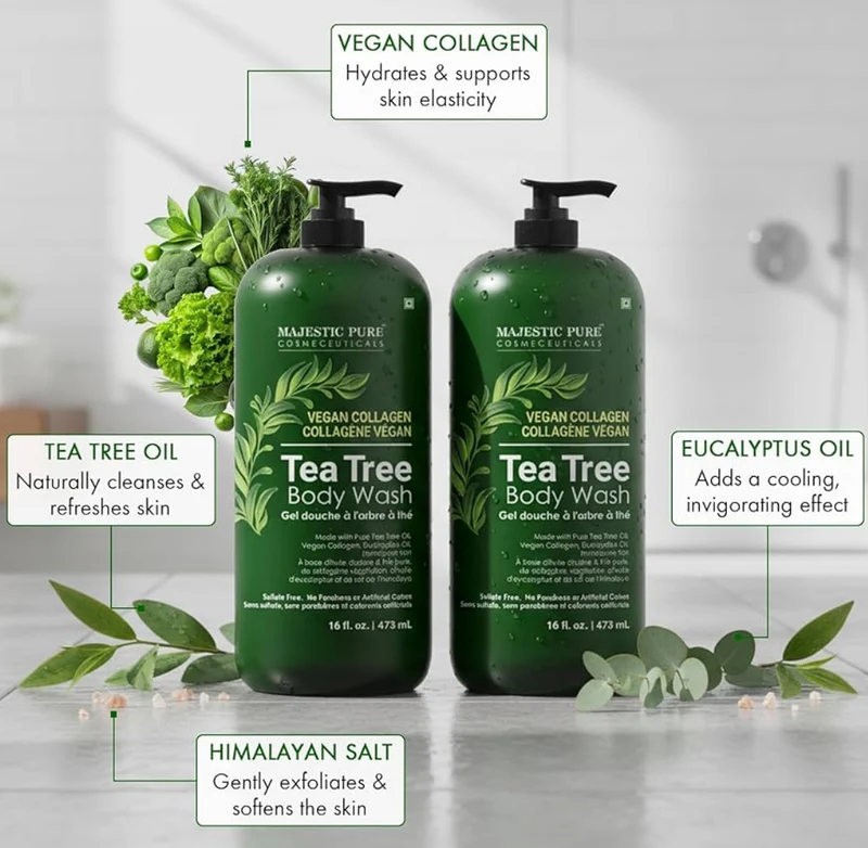 Pure Tea Tree Body Wash - Formulated to Combat Dry, Flaky Skin - Soothes, Nourishes and Moisturizes Irritated, Chapped, Problem Skin Areas - (Packaging may Vary) -16 fl. oz (Pack of 2)
