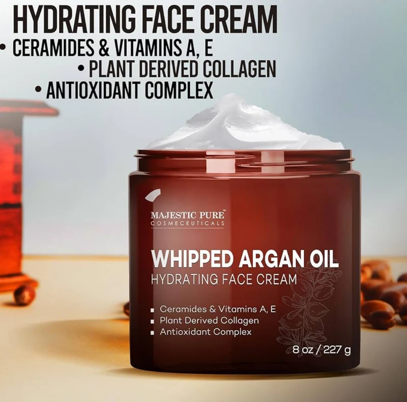Pure Whipped Argan Oil Moisturizer Face Cream for Women & Men - With Vitamin E A, Collagen & Ceramides - Hydrates Dry Skin, Oily Skin, Reduces Appearance of Fine Lines – (8oz)