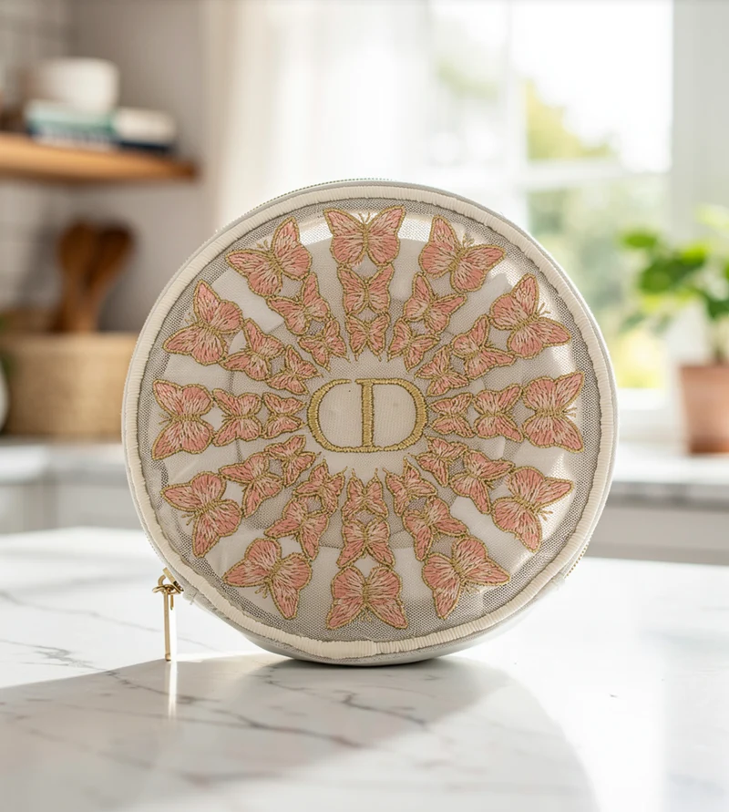 Dior Butterfly Embroidered Round Pouch Bag Charm w/ Lipstick