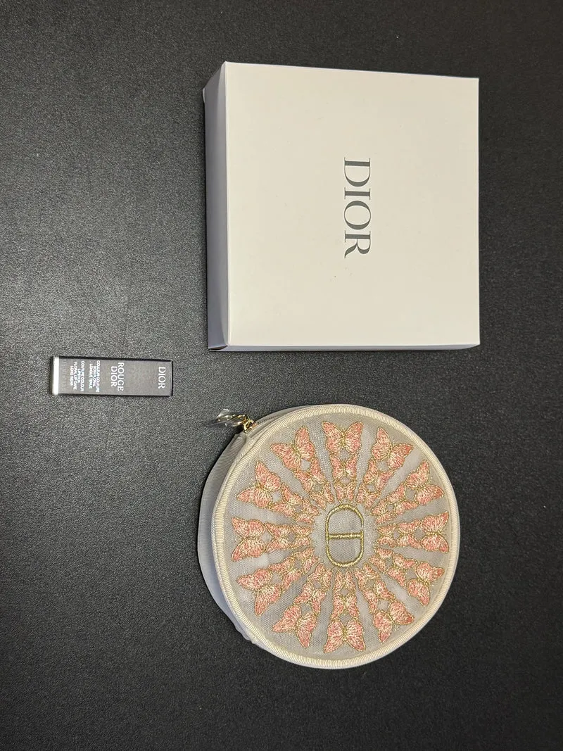 Dior Butterfly Embroidered Round Pouch Bag Charm w/ Lipstick