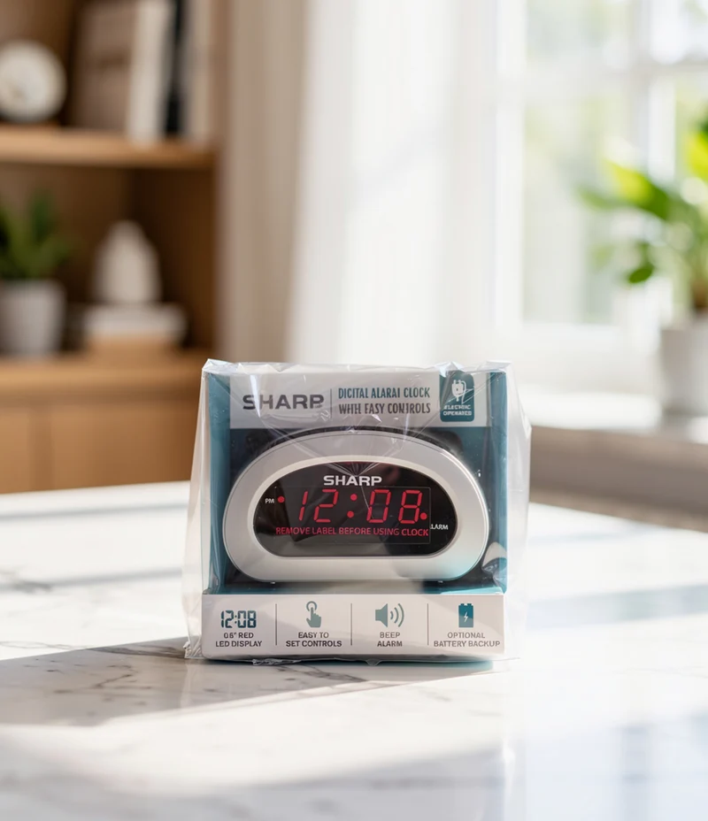 Sharp Digital Alarm Clock with Easy Controls & Battery Backup