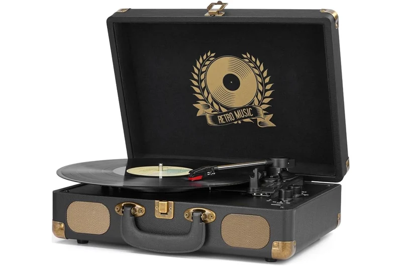 Vinyl Record Player Bluetooth Turntable 3-Speed Suitcase Portable Vintage Belt-Driven Record Player with Built-in Speakers RCA Line Out AUX - (BLK)