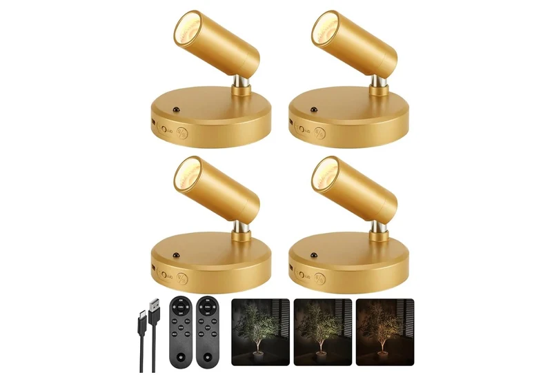 LED Spotlight Indoor, 5500mAh Rechargeable Battery-Powered Picture Lights, Wireless Mini Art Accent Spot Lights with Remote,(4PK -Gold)