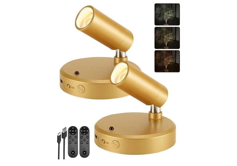 LED Spotlight Indoor, 5500mAh Rechargeable Battery-Powered Uplights Indoor, Wireless Mini Art Accent Spot Lights with Remote (2PK - Gold)