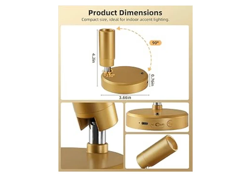 LED Spotlight Indoor, 5500mAh Rechargeable Battery-Powered Uplights Indoor, Wireless Mini Art Accent Spot Lights with Remote (2PK - Gold)