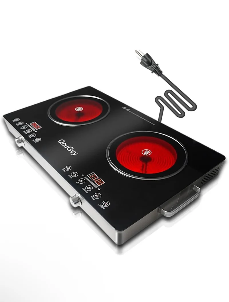23" Portable Infrared 2 Burner 3500 Electri Burner w/ 2 Hours Timer-Electric Hot Plate Touch Control Panel Adjustable Heating Power Cooktop