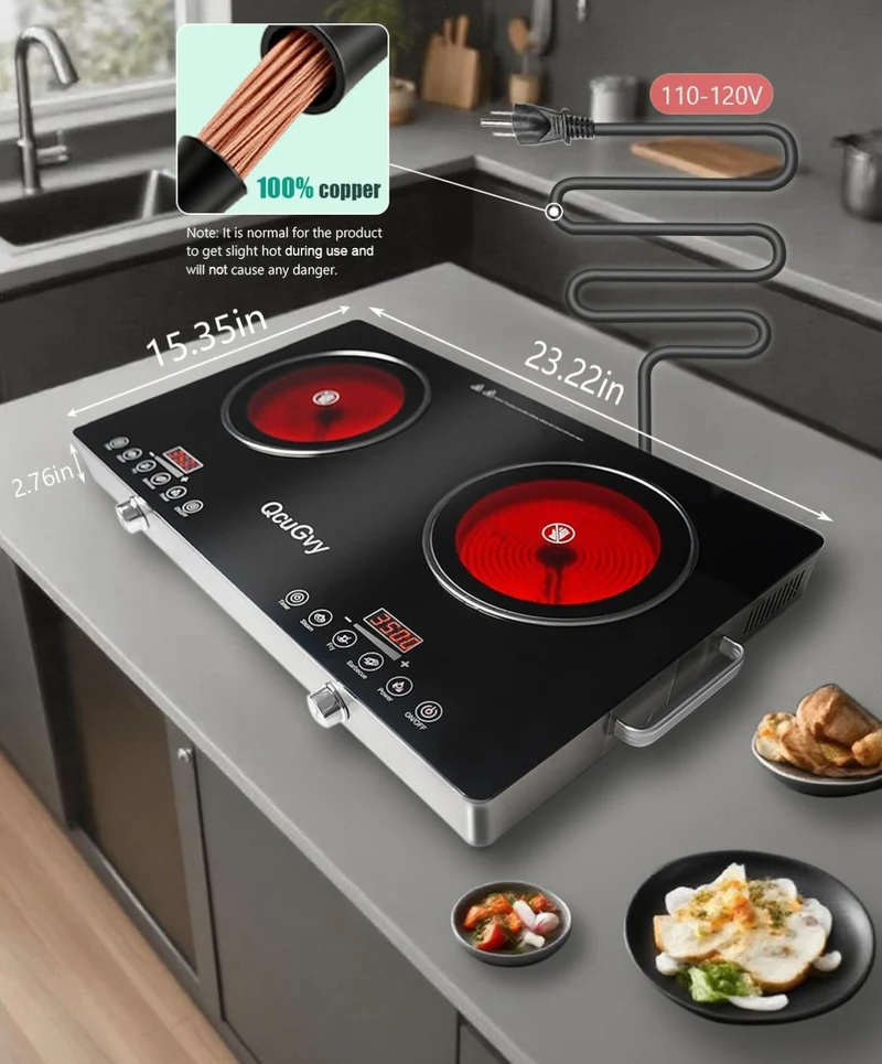 23" Portable Infrared 2 Burner 3500 Electri Burner w/ 2 Hours Timer-Electric Hot Plate Touch Control Panel Adjustable Heating Power Cooktop