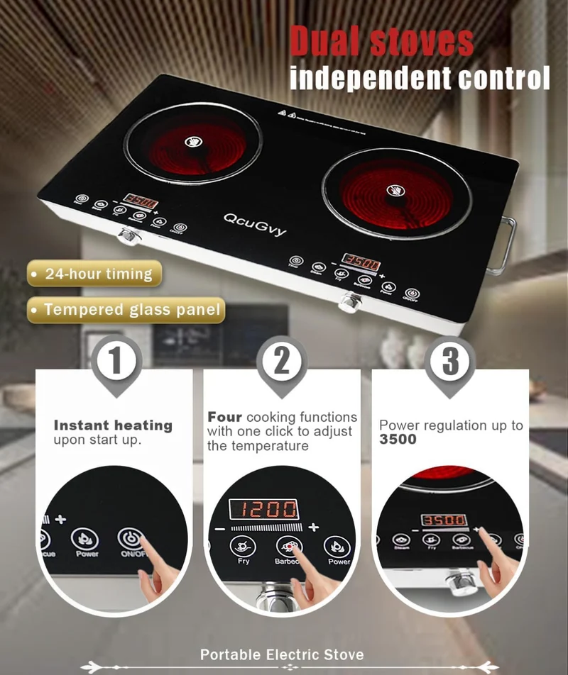 23" Portable Infrared 2 Burner 3500 Electri Burner w/ 2 Hours Timer-Electric Hot Plate Touch Control Panel Adjustable Heating Power Cooktop