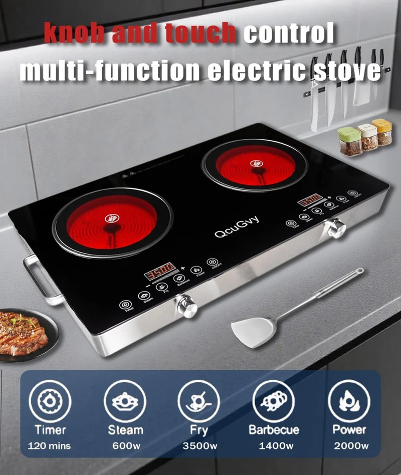23" Portable Infrared 2 Burner 3500 Electri Burner w/ 2 Hours Timer-Electric Hot Plate Touch Control Panel Adjustable Heating Power Cooktop