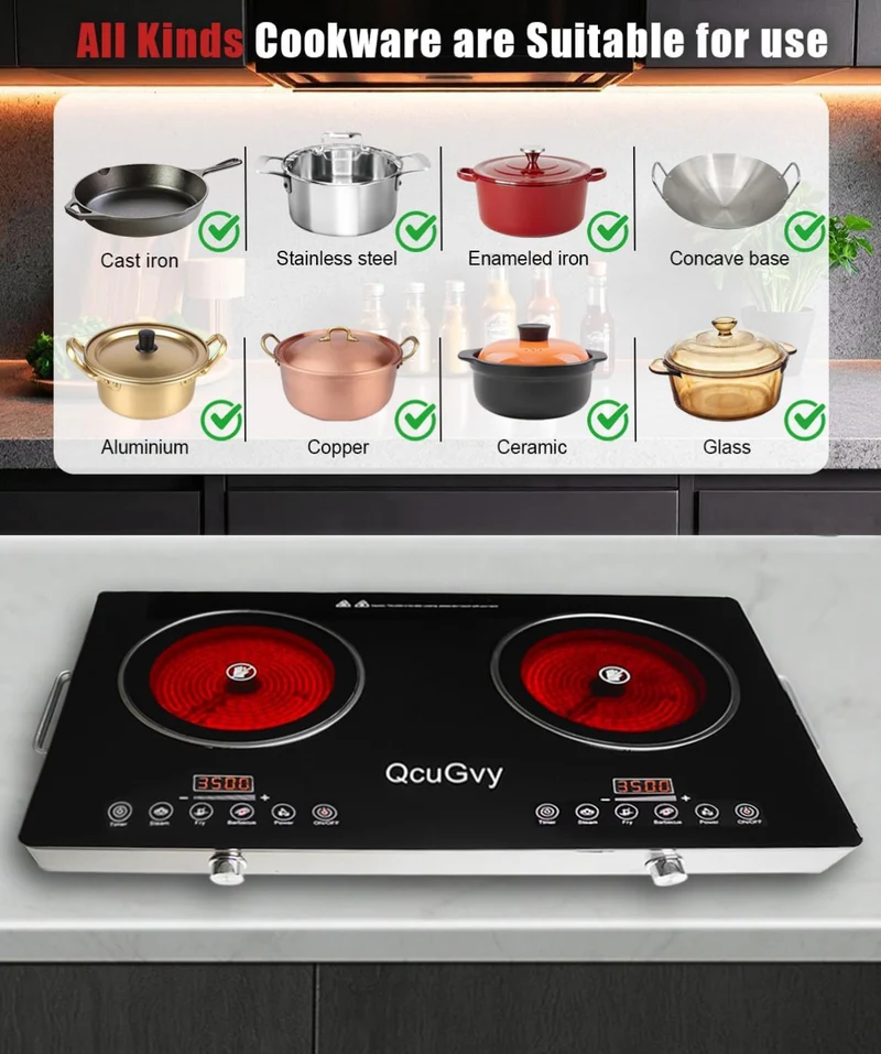 23" Portable Infrared 2 Burner 3500 Electri Burner w/ 2 Hours Timer-Electric Hot Plate Touch Control Panel Adjustable Heating Power Cooktop