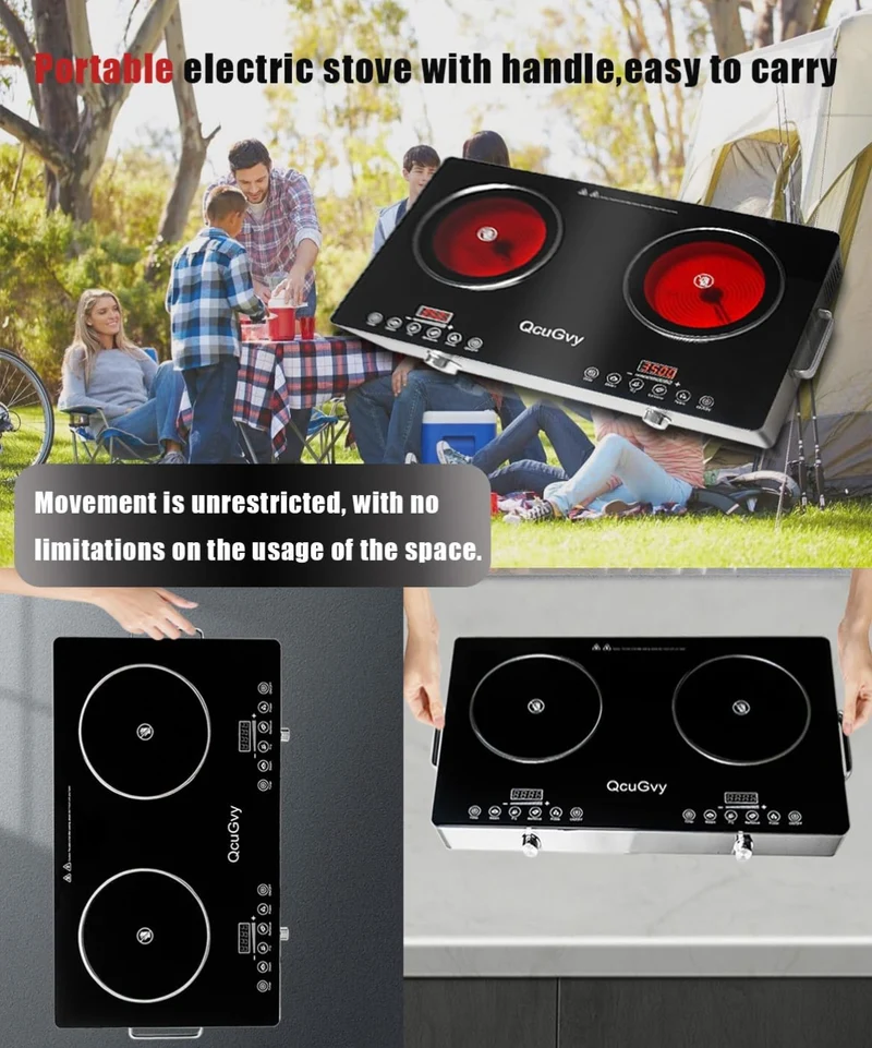 23" Portable Infrared 2 Burner 3500 Electri Burner w/ 2 Hours Timer-Electric Hot Plate Touch Control Panel Adjustable Heating Power Cooktop